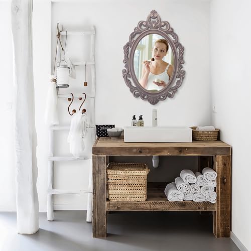 Oval Wooden Hanging Mirror Grey Carved Frame Wall Mirror 24"x16" M5118
