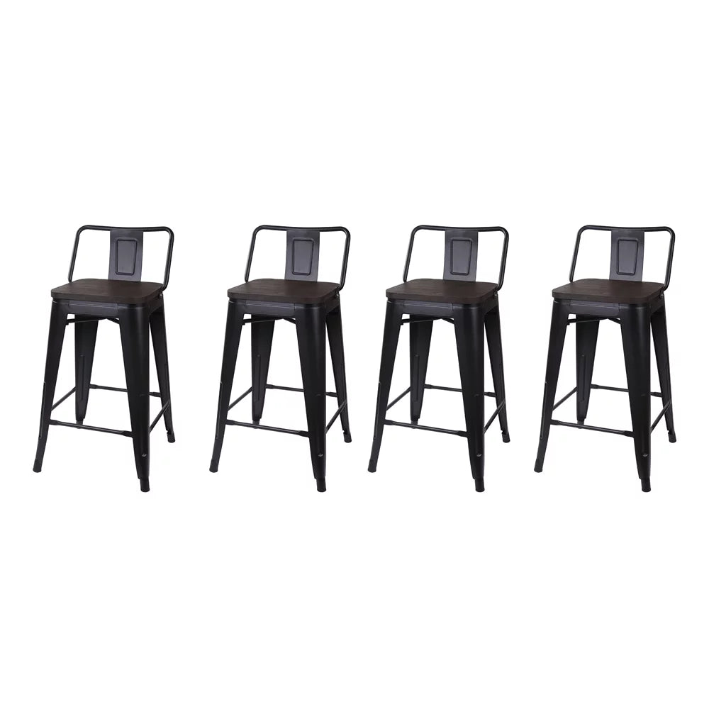 Black 24 inch Low Back Metal Barstool with Dark Wood Seat, Set of 4 W4258