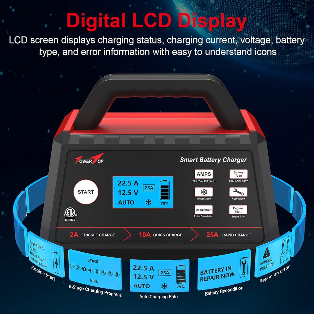 2/10/25Amp 12V Smart Battery Charger with Engine Start A7021