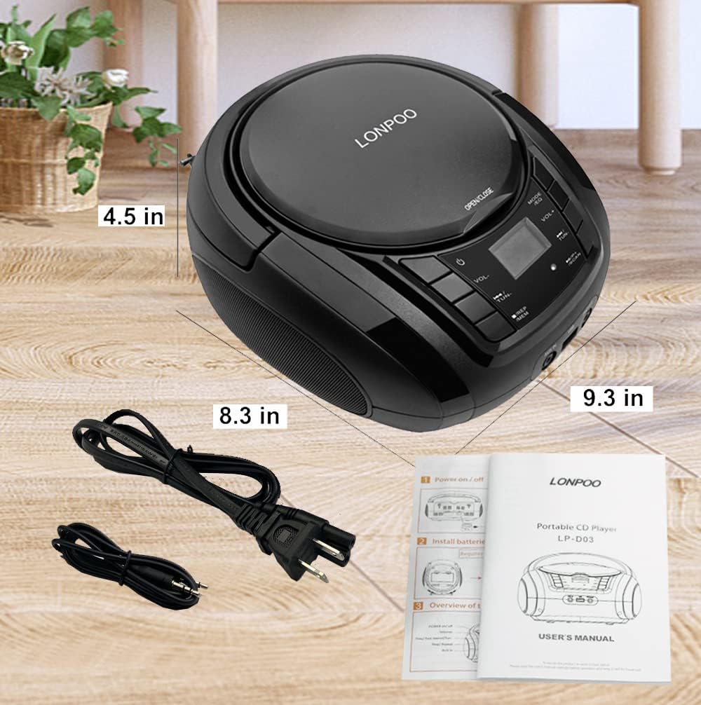 Black CD Player Boombox with FM Radio, Bluetooth, USB, AUX, LCD Display, Pack of 2 B69152