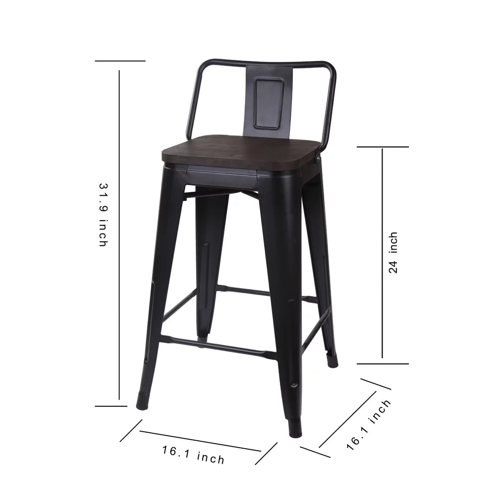 Black 24 inch Low Back Metal Barstool with Dark Wood Seat, Set of 4 W4258