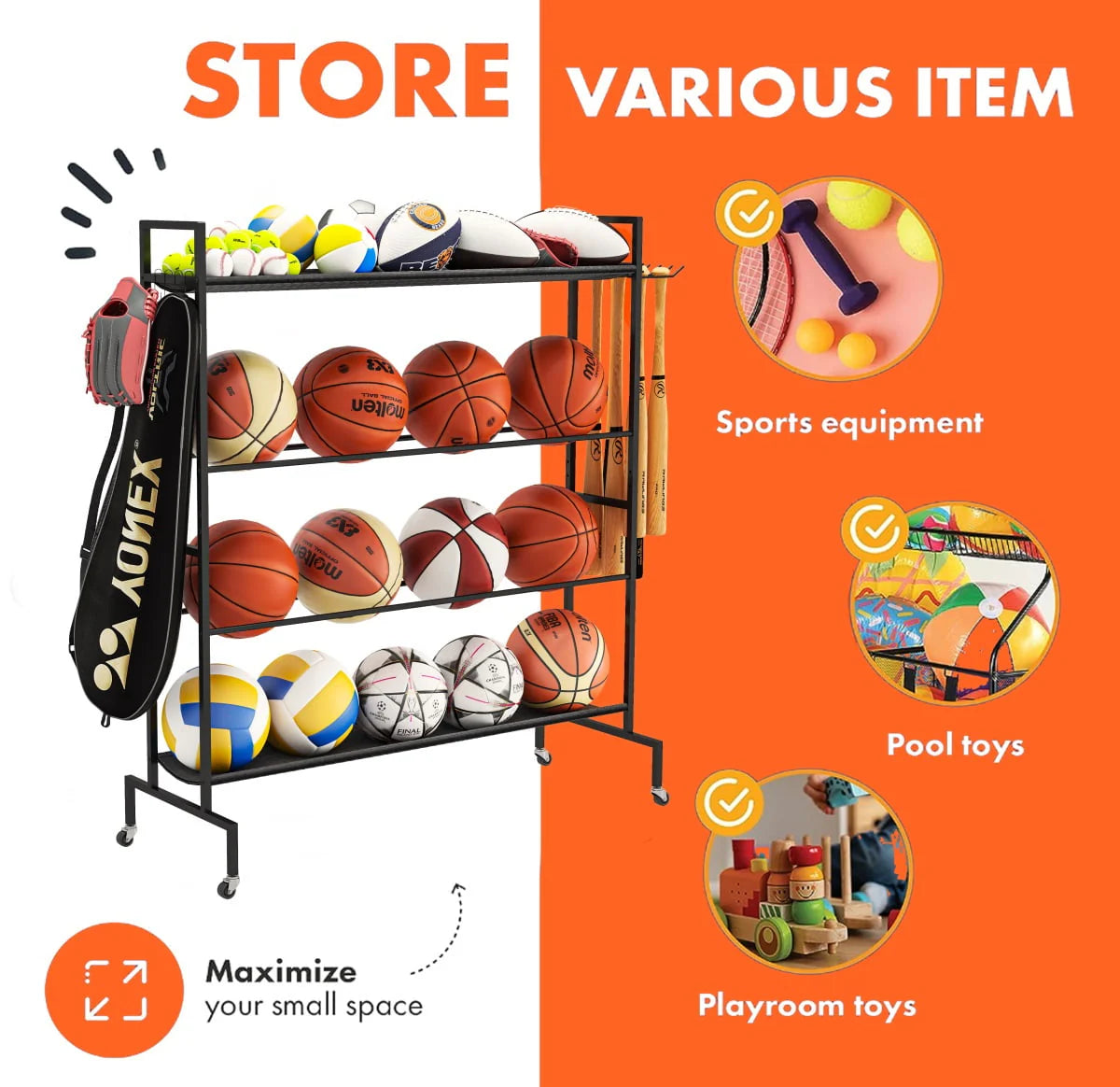4 Tier Rolling Ball Storage Organizer with Hooks F142