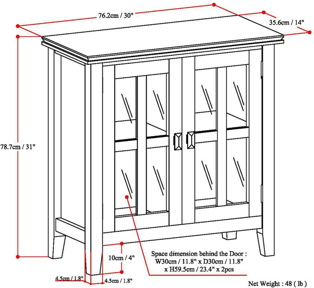 White 30 inch Wide Low Storage Cabinet with 2 Tempered Glass Doors P302