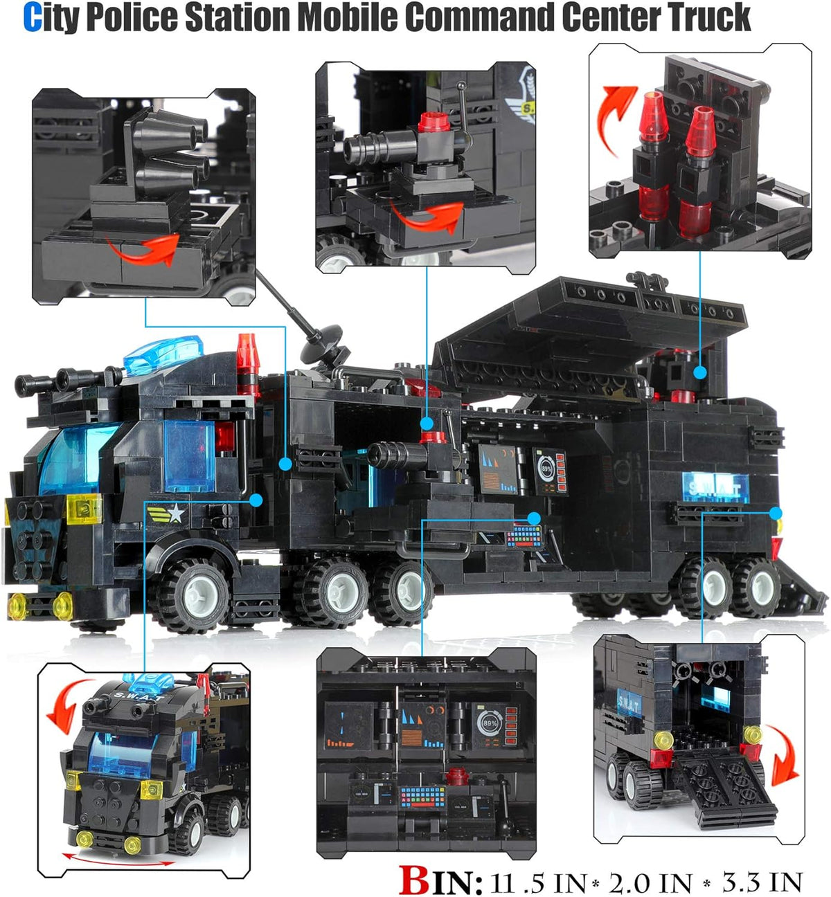 1110 PCS SWAT City Police Station Mobile Command Center Truck Car Building Blocks Set with Storage Box R11103