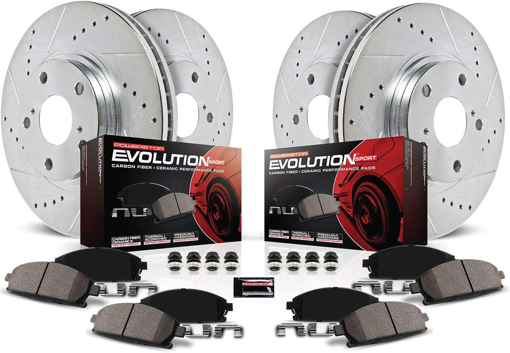 Front and Rear Carbon Fiber Brake Pads with Drilled & Slotted Brake Rotors Kit T2896