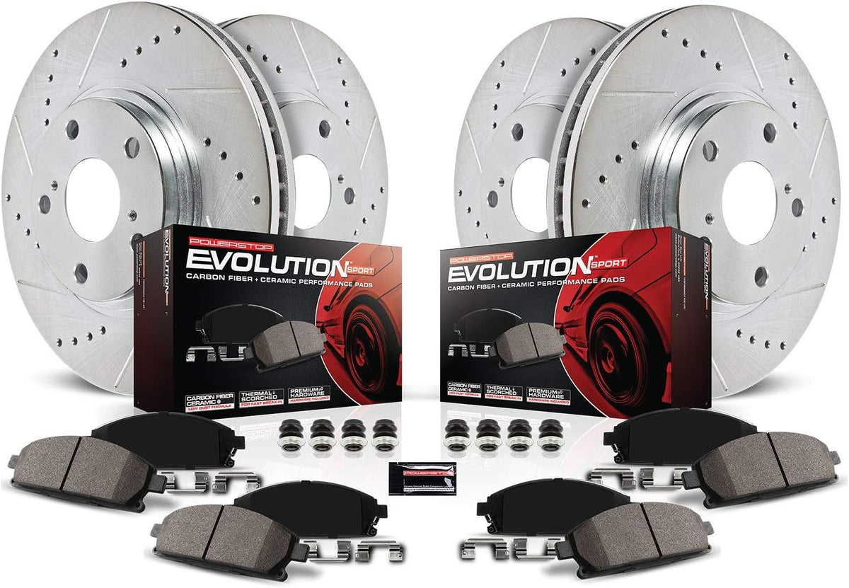 Front and Rear Carbon Fiber Brake Pads with Drilled & Slotted Brake Rotors Kit T2896