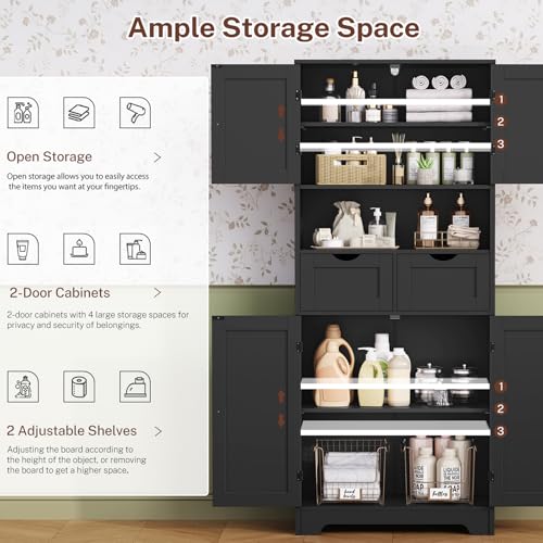 White Tall Bathroom Cabinet with 2 Drawers & 2 Adjustable Shelves & 4 Doors Q454452