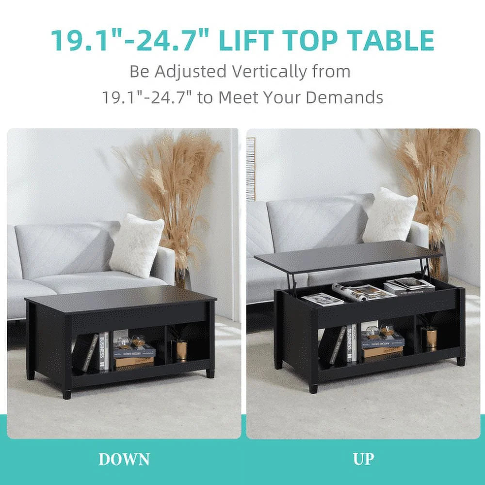 Black Lift Top Coffee Table with Storage Compartment and Open Shelves N904