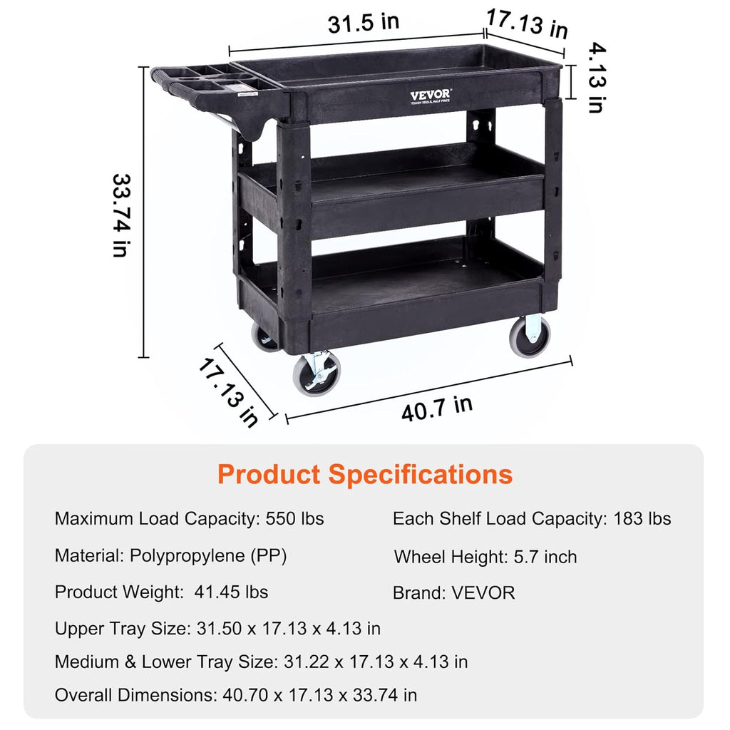 Black 3 Shelf Heavy Duty Utility Cart with Swivel Wheels U379960