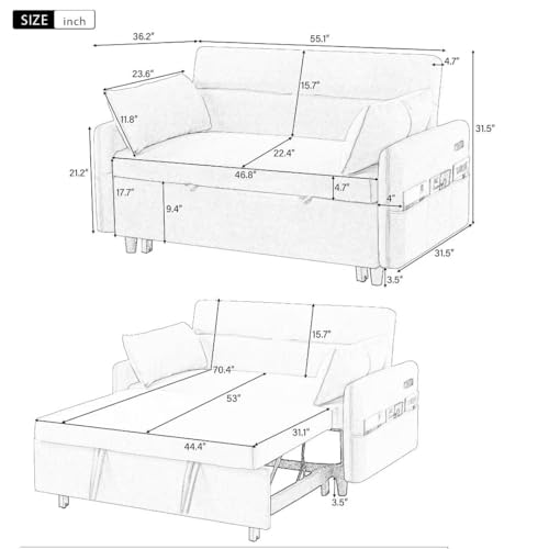 Pull Out Sleep Sofa Couch with Adjustable Backrest, USB Port, 2 Pillows H7345