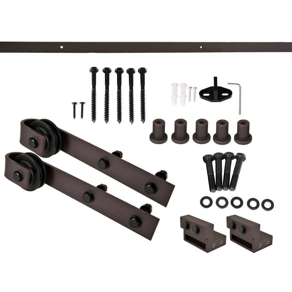 Distressed Mid-Bar Walnut Stained Solid Knotty Pine Wood Interior Sliding Barn Door with Hardware Kit V705497