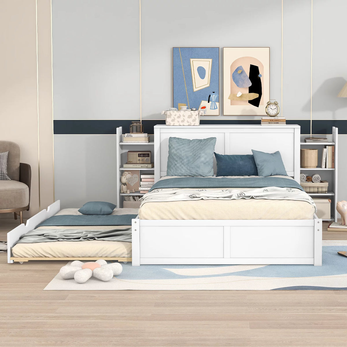 Full Size Wood Platform Bed with Trundle and Storage S48337