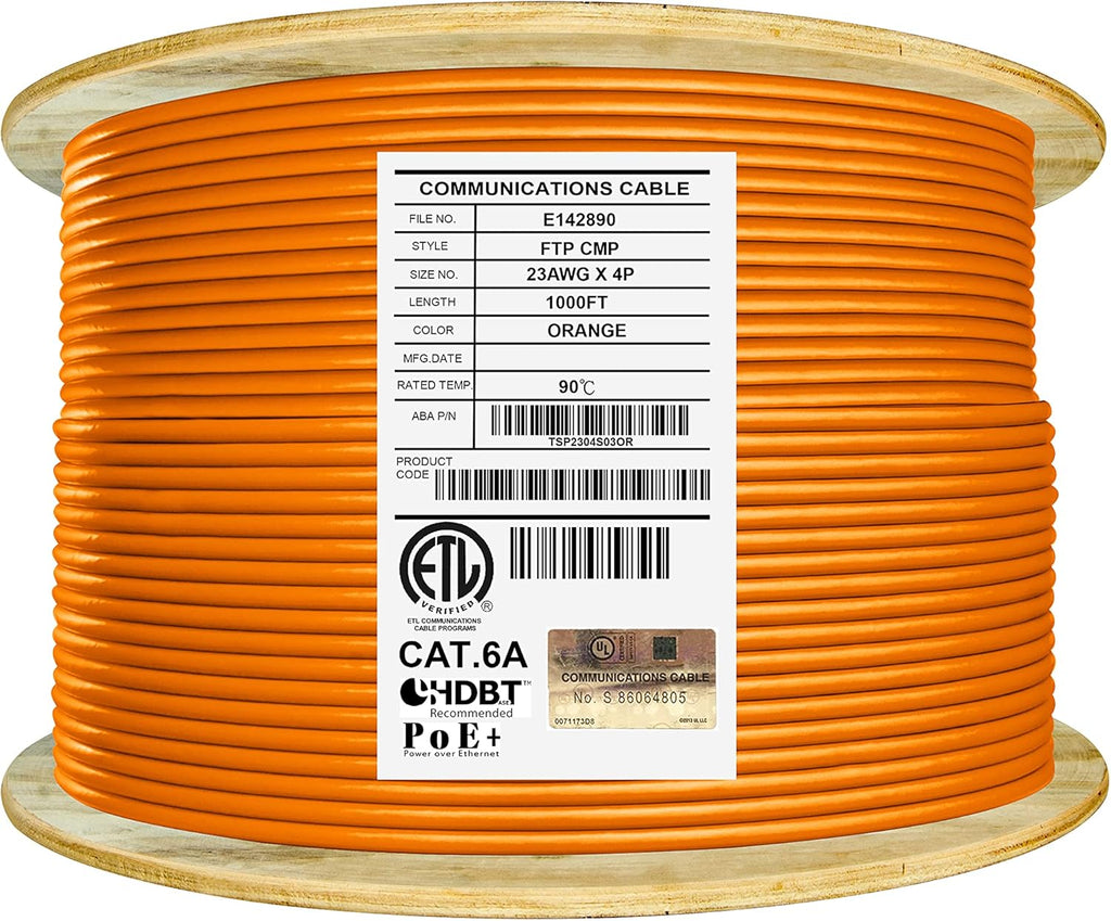 Bulk Ethernet Cable Reel, Cat6A Shielded Plenum, 1000ft, FTP 23AWG, Solid Pure Copper, Blue X61303