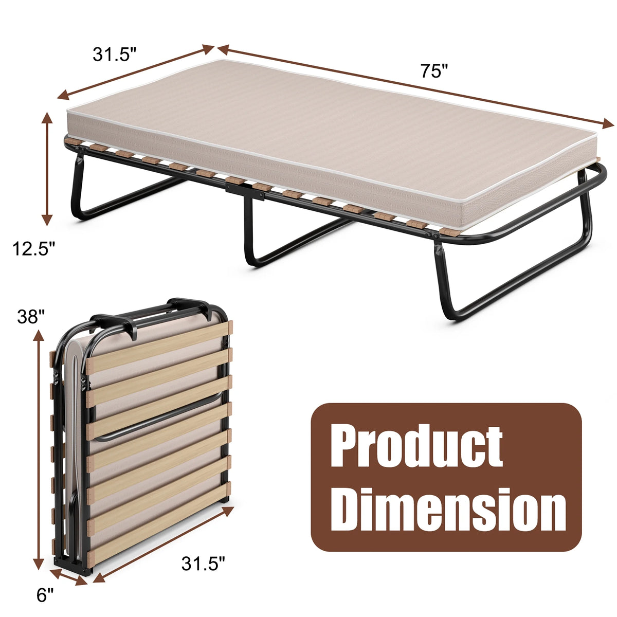 Portable Folding Guest Bed Cot with Memory Foam Mattress Twin Size W441863
