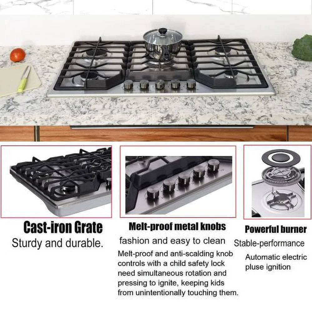 5 Burners 34 inch Gas Cooktop, 36000 BTU Stainless Steel Gas Range Top L137590
