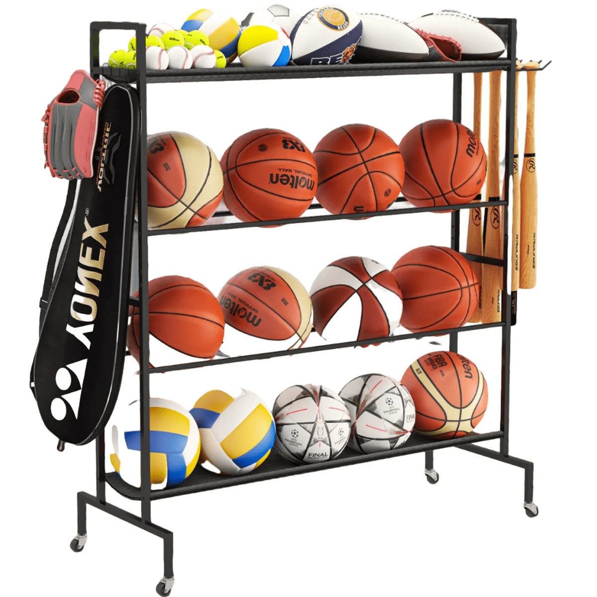 4 Tier Rolling Ball Storage Organizer with Hooks F142