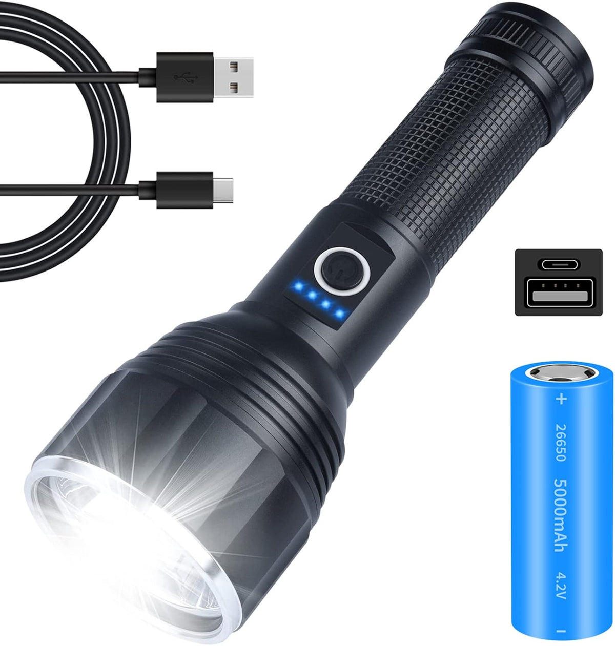 Rechargeable LED Flashlights, 100000 High Lumens Super Bright Tactical Flashlights with Battery Included, 20W Powerful Flashlights with 5 Light Modes, Waterproof Y92997