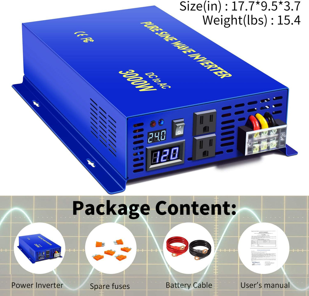 3000W Pure Sine Wave Power Inverter 24V DC to 110V 120V AC N861