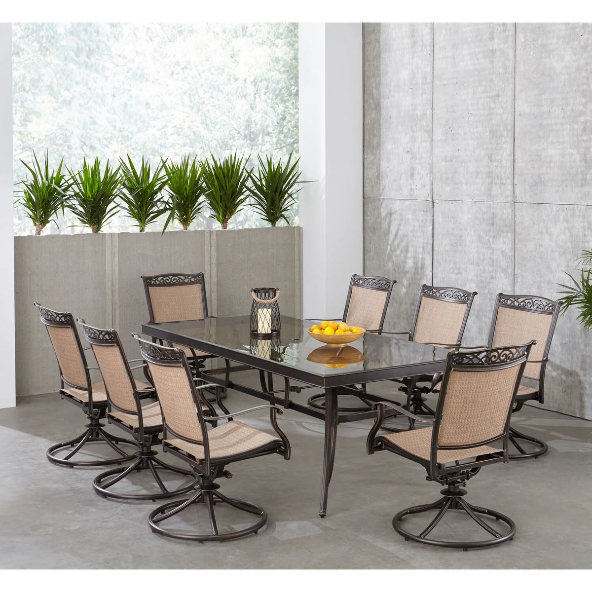 9-Piece Outdoor Dining Set with Swivel Rockers and Glass-Top Table O975