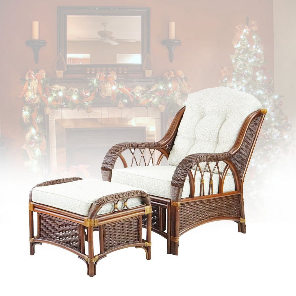 Dark Walnut Natural Rattan Wicker Armchair with Ottoman and Cushion A345107