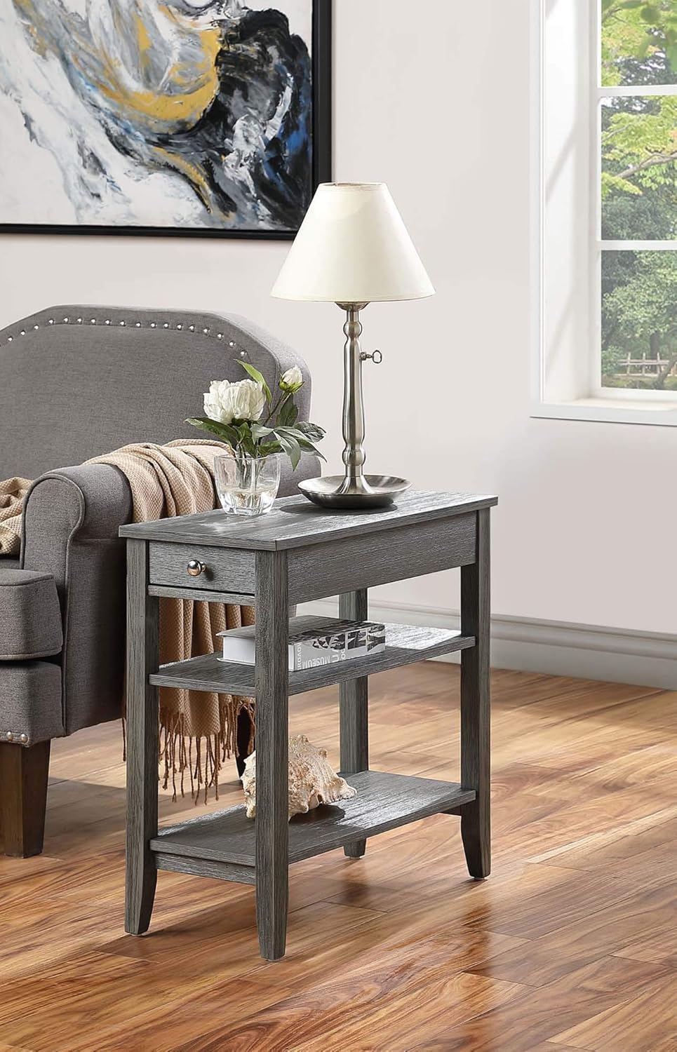 Three Tier End Table with Drawer, Dark Gray I467