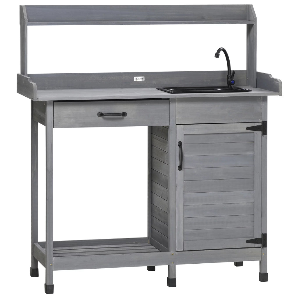 Potting Bench Prep Table with Faucet, Sink, and Storage Cabinet D494