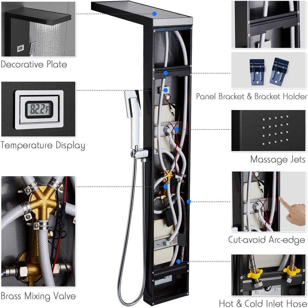 Stainless Steel Shower Panel Tower System with LED Rainfall Shower Head, Handheld Shower Head, 4 Body Jets, Tub Spout, Water Temperature Display A920