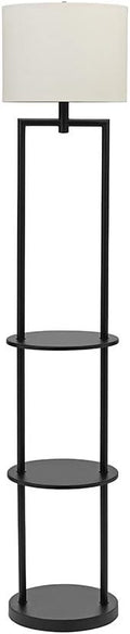 Black Round Etagere Floor Lamp with Shelves and Linen Shade Z422