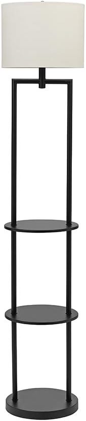 Black Round Etagere Floor Lamp with Shelves and Linen Shade Z422