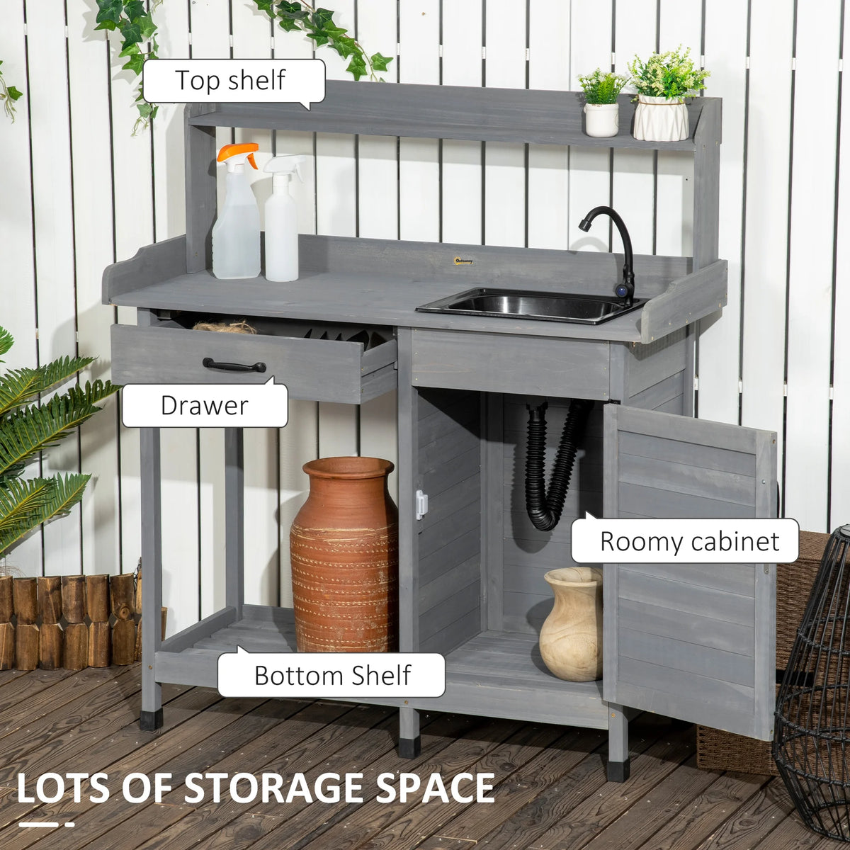 Potting Bench Prep Table with Faucet, Sink, and Storage Cabinet D494