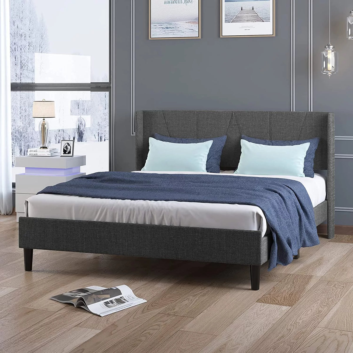 Full Upholstered Wingback Platform Bed Frame with Headboard Dark Grey F34521