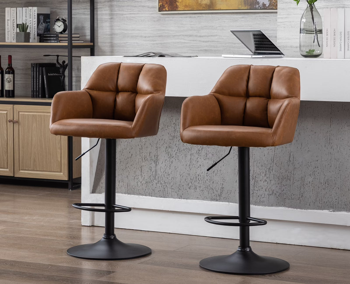 Brown Faux Leather Adjustable Swivel Bar Stool Set of 2 Z97728