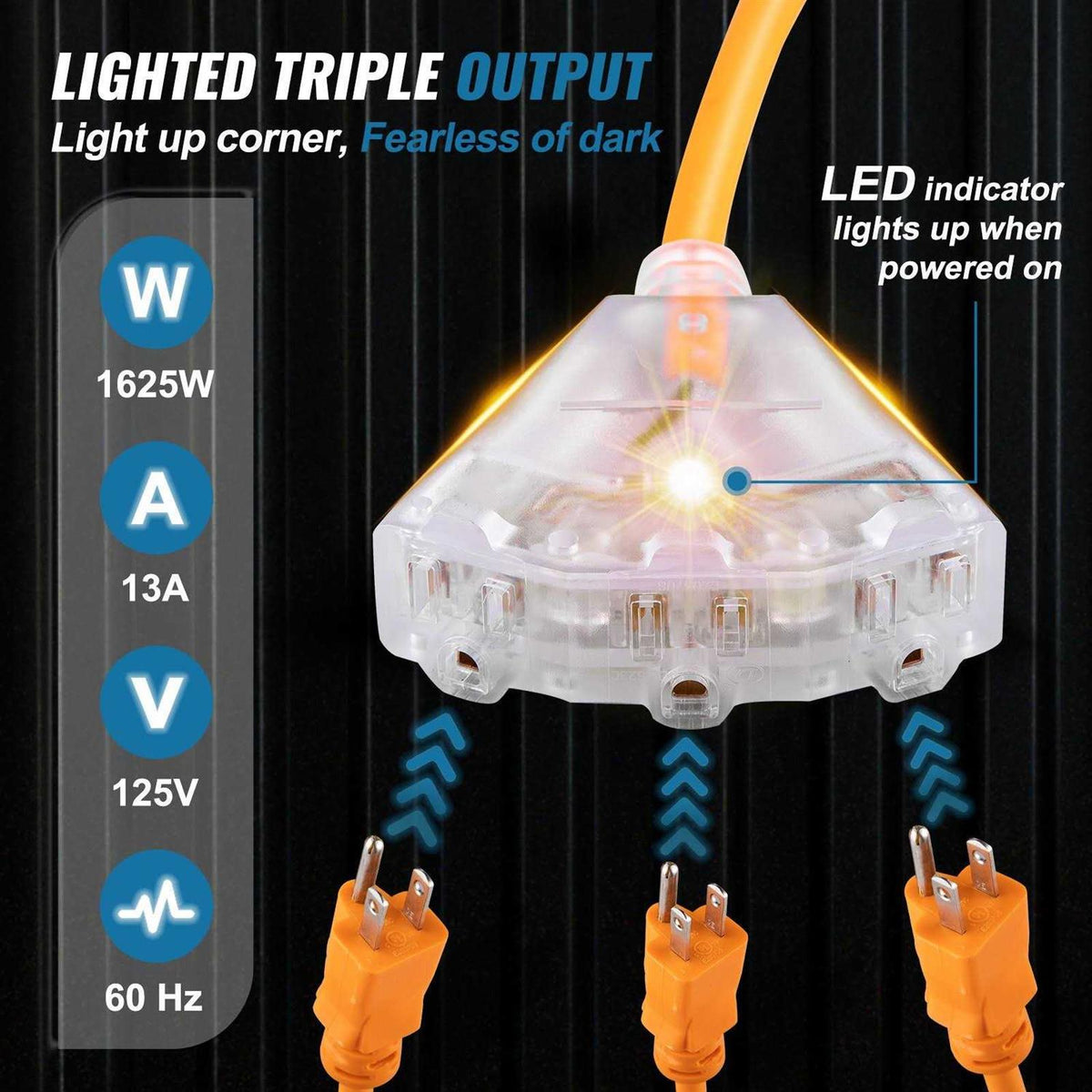 50 ft Heavy Duty 14AWG/3C SJTOW Retractable Extension Cord Reel with Lighted Triple Tap Outlet V927620