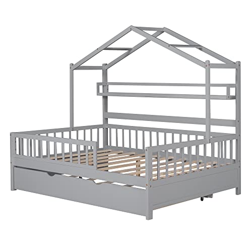 Pink Full Size Wooden House Bed with 2 Drawers S428