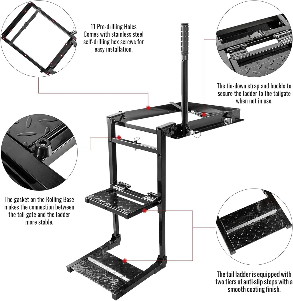 Foldable Retractable Truck Tailgate Step with Telescopic Handrail, Capacity 300 lb I294