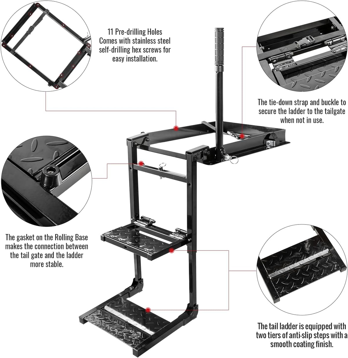 Foldable Retractable Truck Tailgate Step with Telescopic Handrail, Capacity 300 lb I294