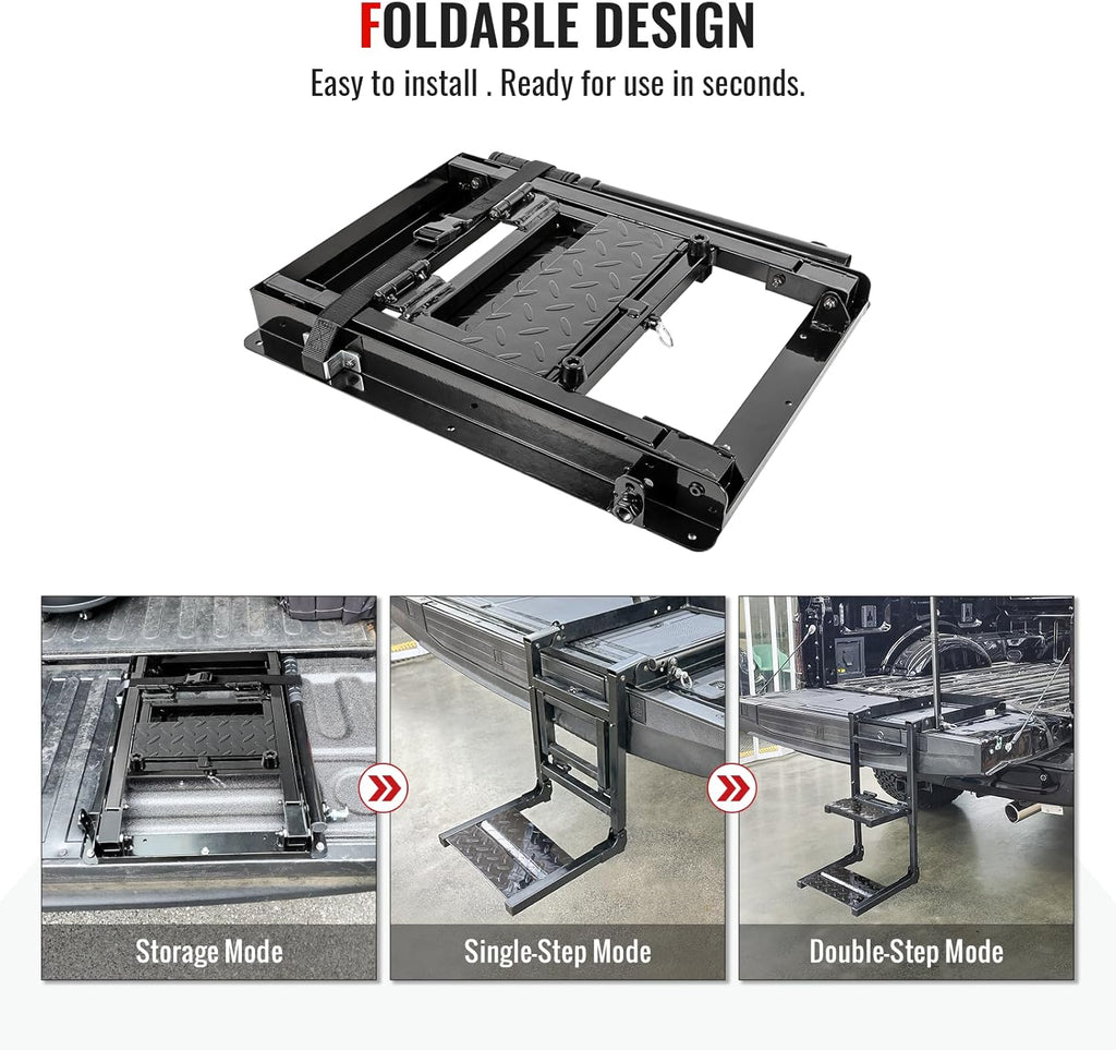 Foldable Retractable Truck Tailgate Step with Telescopic Handrail, Capacity 300 lb I294