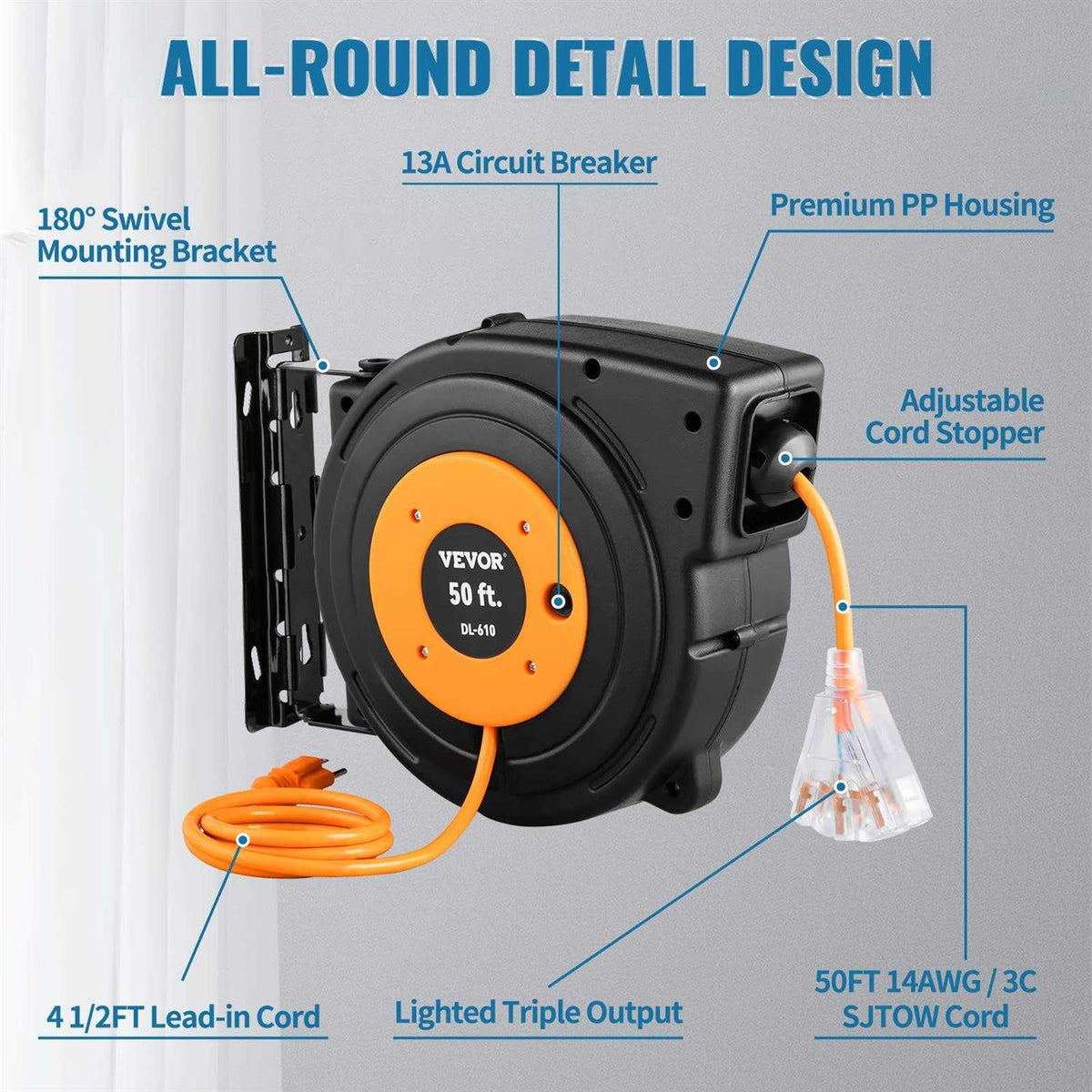 50 ft Heavy Duty 14AWG/3C SJTOW Retractable Extension Cord Reel with Lighted Triple Tap Outlet V927620