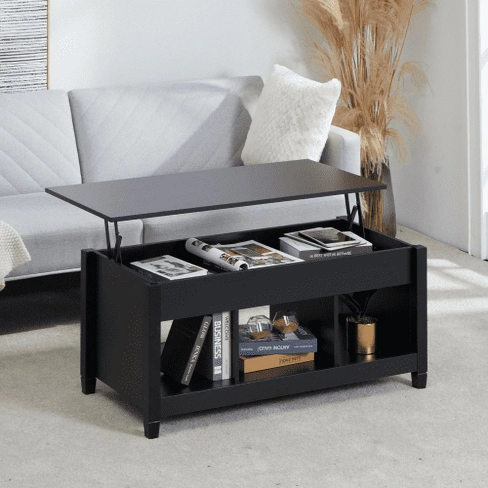 Black Lift Top Coffee Table with Storage Compartment and Open Shelves N904