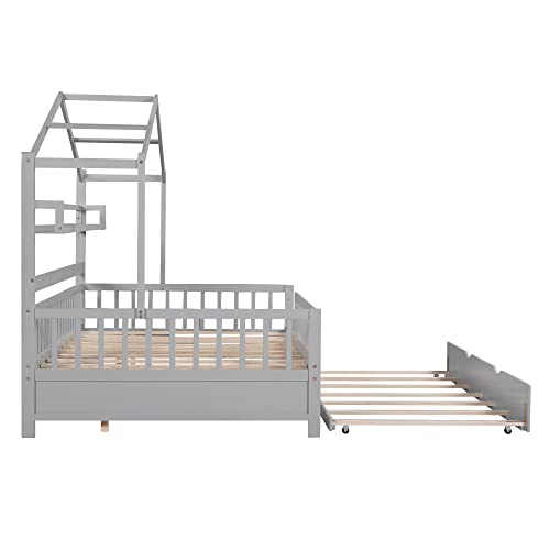 Pink Full Size Wooden House Bed with 2 Drawers S428