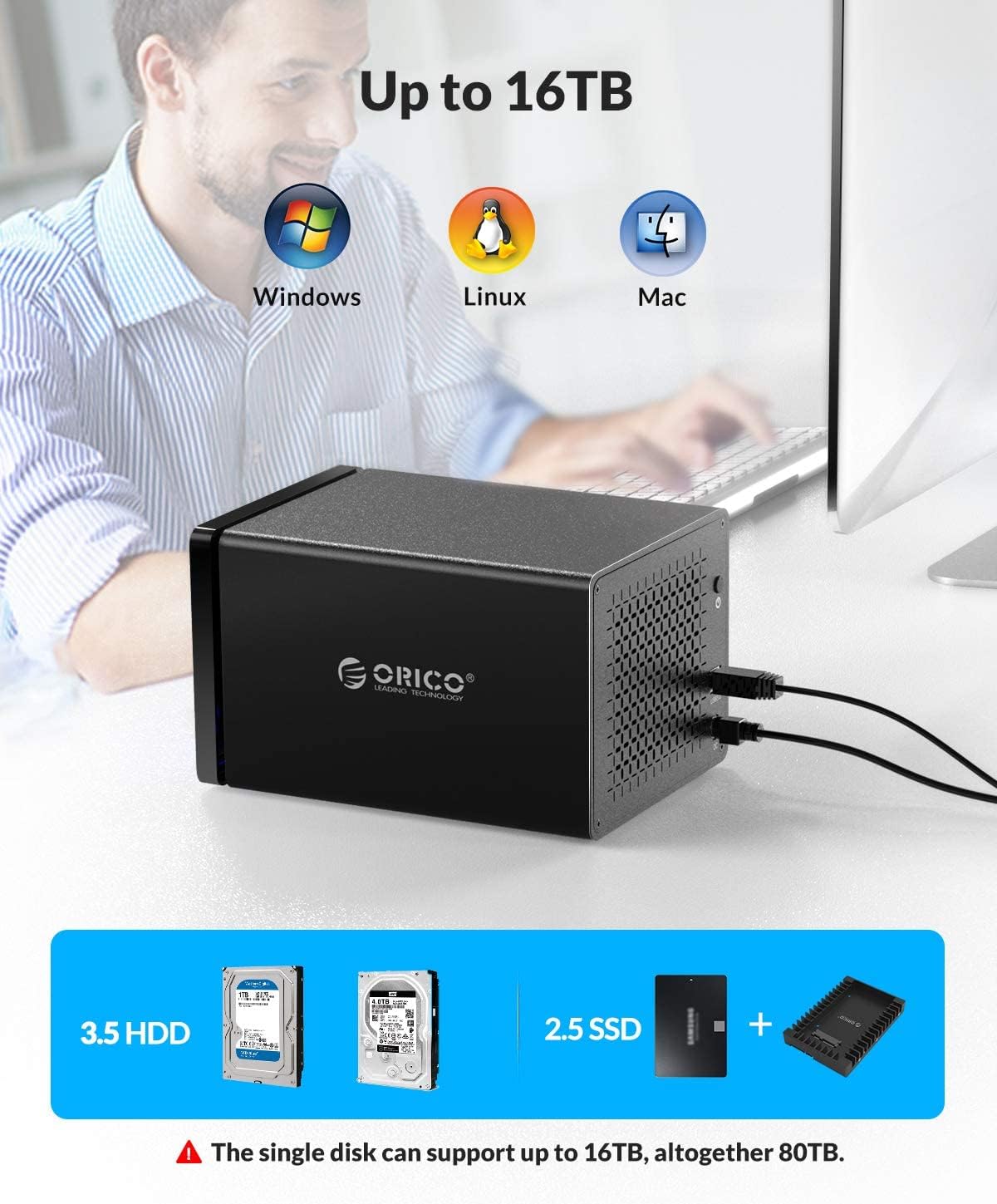 5 Bay Hard Drive Enclosure Magnetic Aluminum USB 3.0 to SATA for 3.5 inch HDD Tool Free Storage Case J47351