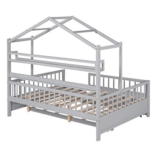 Pink Full Size Wooden House Bed with 2 Drawers S428