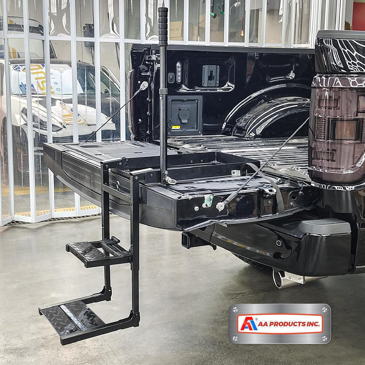 Foldable Retractable Truck Tailgate Step with Telescopic Handrail, Capacity 300 lb I294