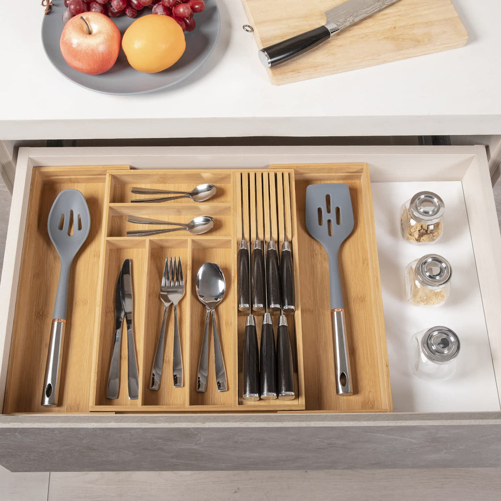 Bamboo Utensil Holder Expandable Drawer Organizer with Removable Knife Rack V3766