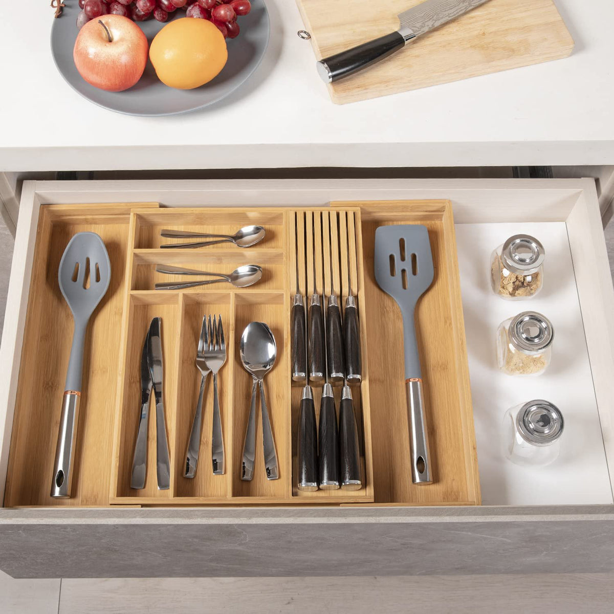 Bamboo Utensil Holder Expandable Drawer Organizer with Removable Knife Rack V3766