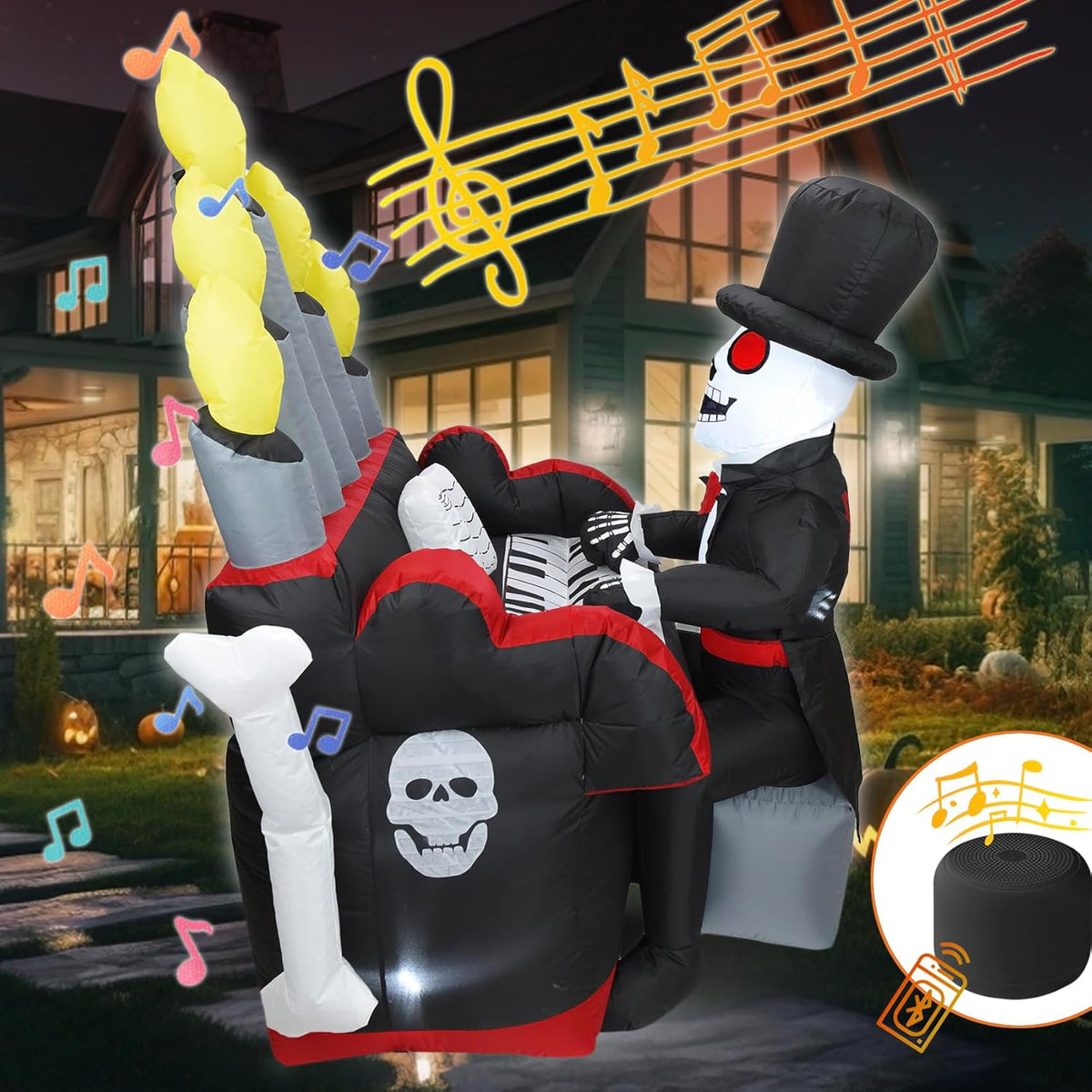 5.4FT Halloween Inflatable Skeleton Playing Piano with LED Lights and Bluetooth Speaker E571967