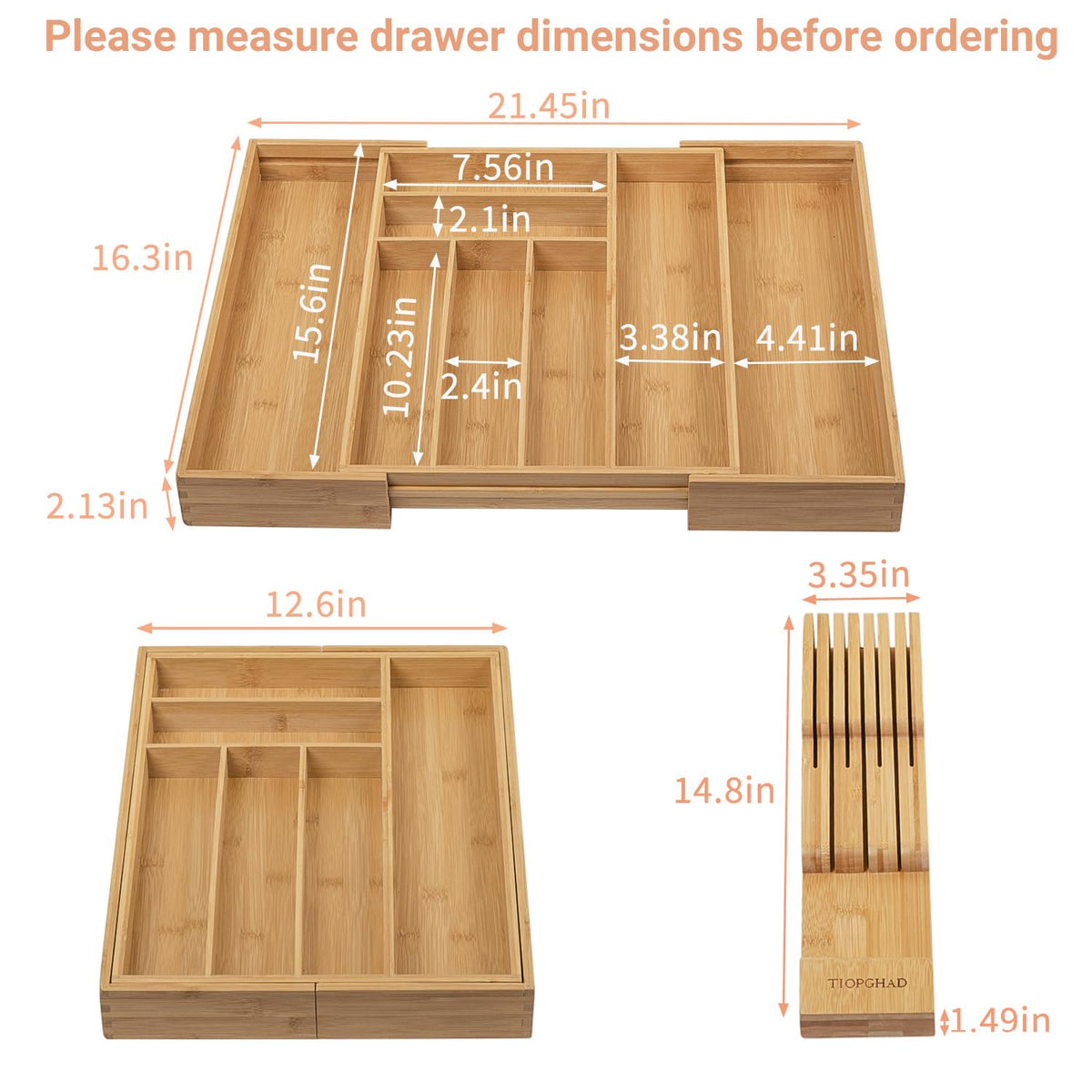 Bamboo Utensil Holder Expandable Drawer Organizer with Removable Knife Rack V3766