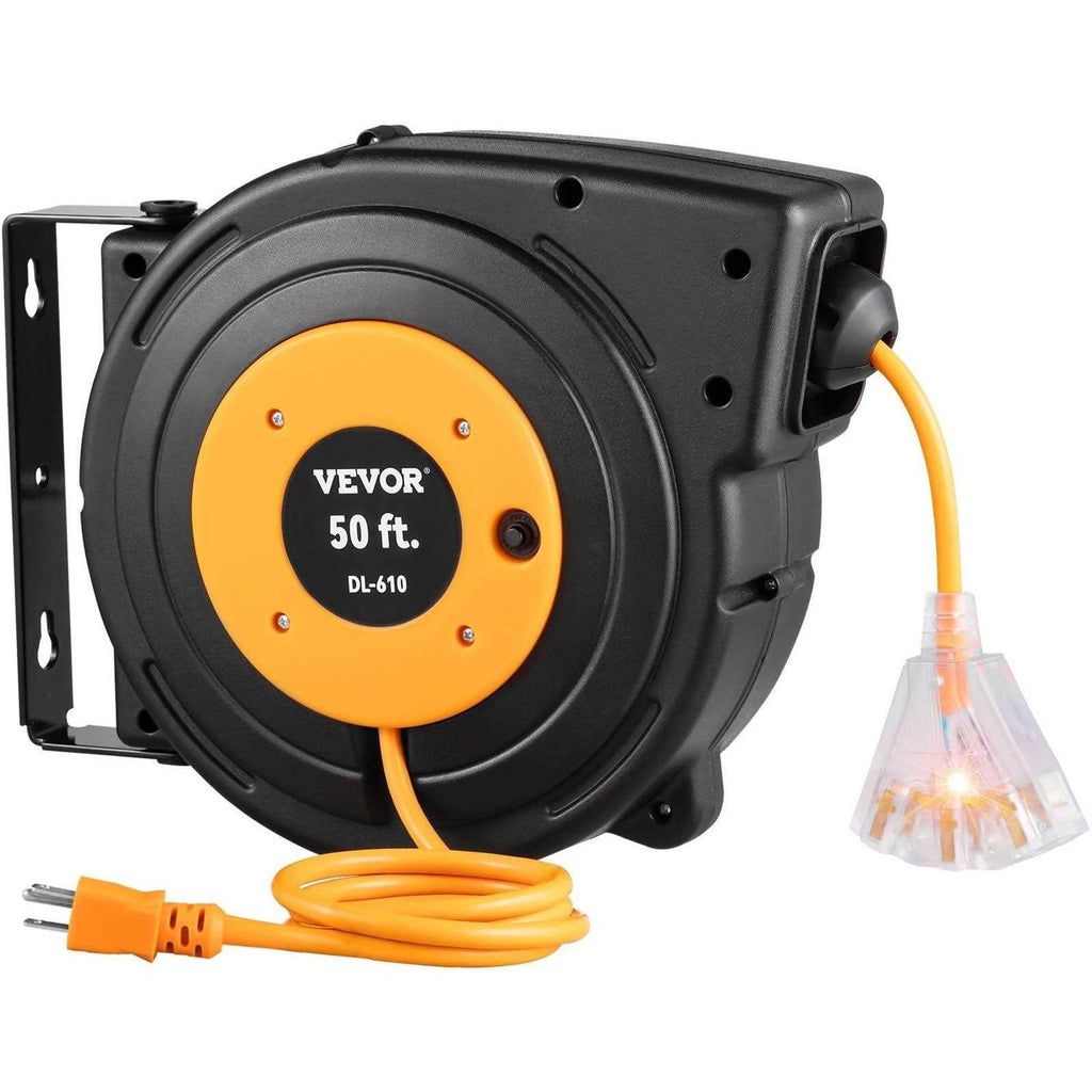 50 ft Heavy Duty 14AWG/3C SJTOW Retractable Extension Cord Reel with Lighted Triple Tap Outlet V927620
