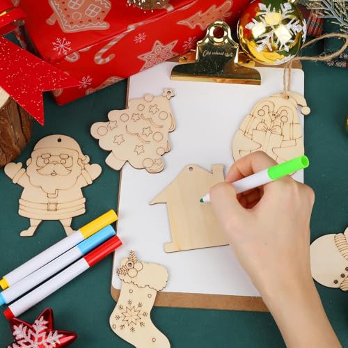 50 Pieces Christmas Wooden Ornaments Blanks Pendants Unfinished Wood Slices Hanging K397