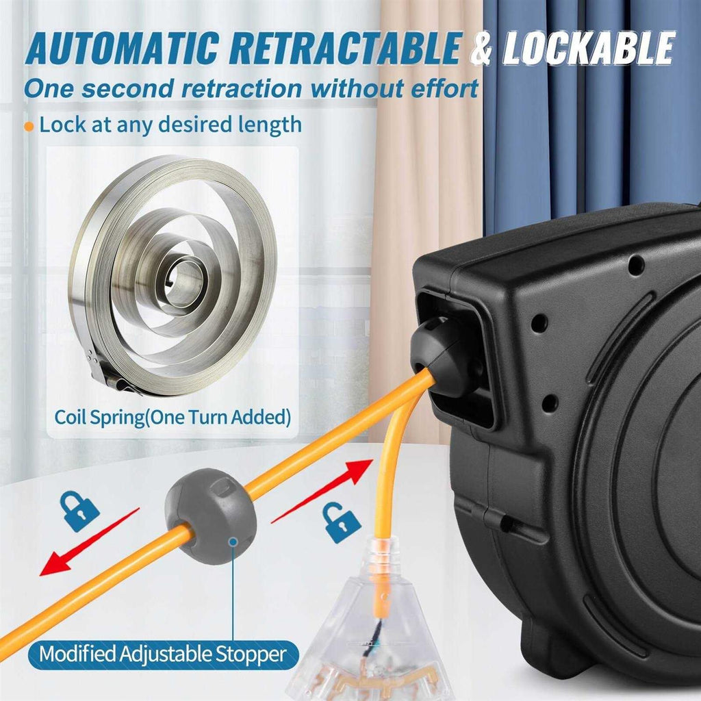 50 ft Heavy Duty 14AWG/3C SJTOW Retractable Extension Cord Reel with Lighted Triple Tap Outlet V927620